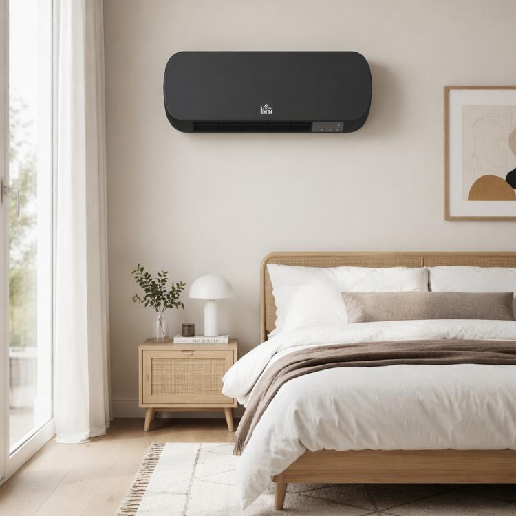 2000W Wall-Mounted Fan Heater, PTC Ceramic Heating, 3 Power Levels, Remote Control, 45x18.6x11.5cm, Black