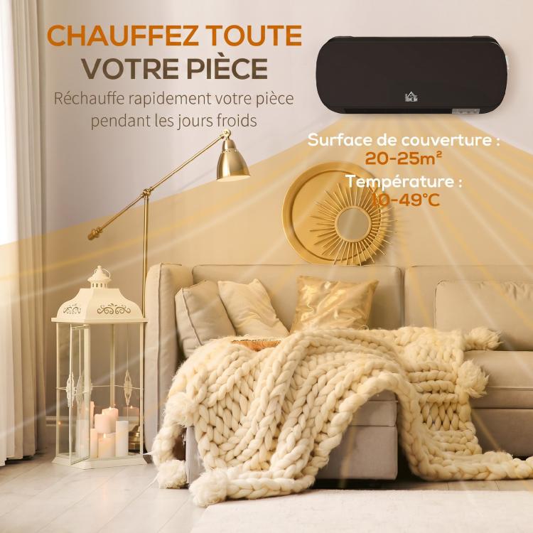 2000W Wall-Mounted Fan Heater, PTC Ceramic Heating, 3 Power Levels, Remote Control, 45x18.6x11.5cm, Black