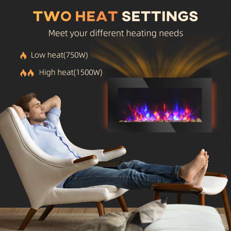 Camino elettrico da parete nero 1450 W con fiamma e luci a 7 colori - immagine 6