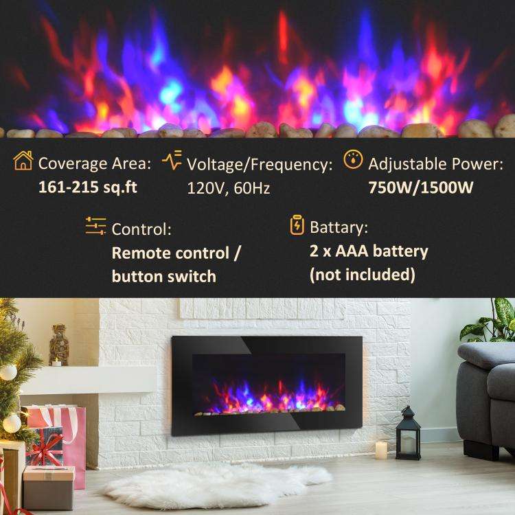 Camino elettrico da parete nero 1450 W con fiamma e luci a 7 colori - immagine 9