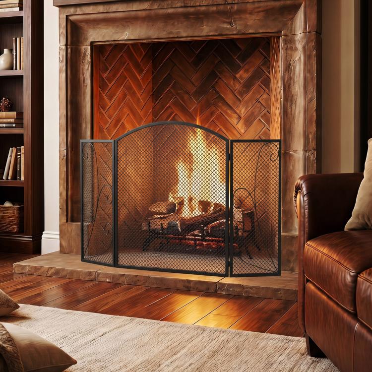 3-Panel Folding Fireplace Screen, 133x1x77 cm, Black