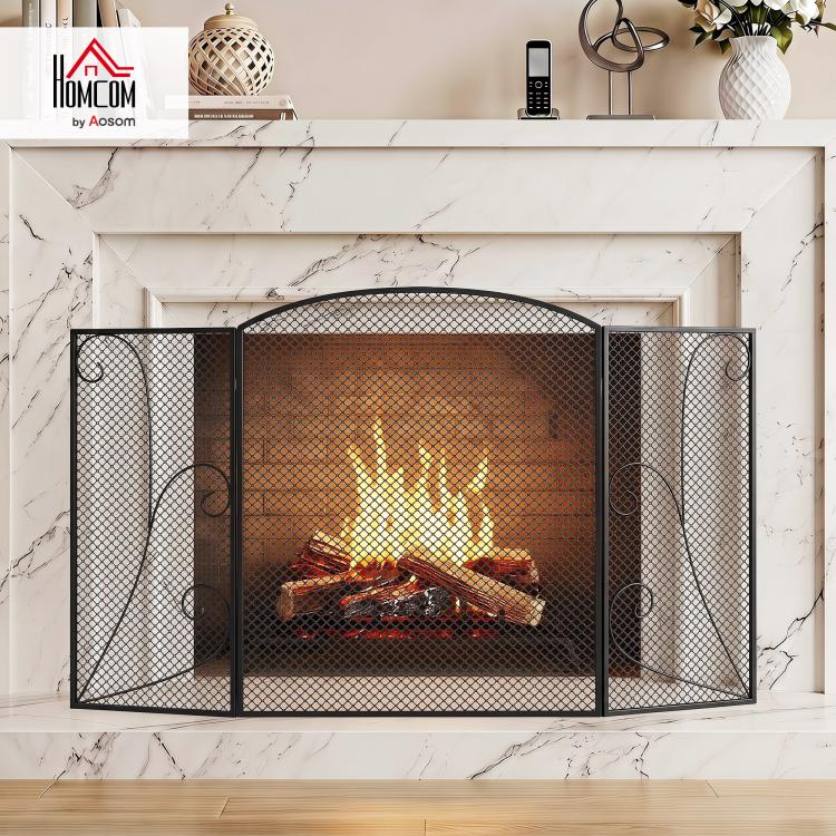 3-Panel Folding Fireplace Screen, 133x1x77 cm, Black