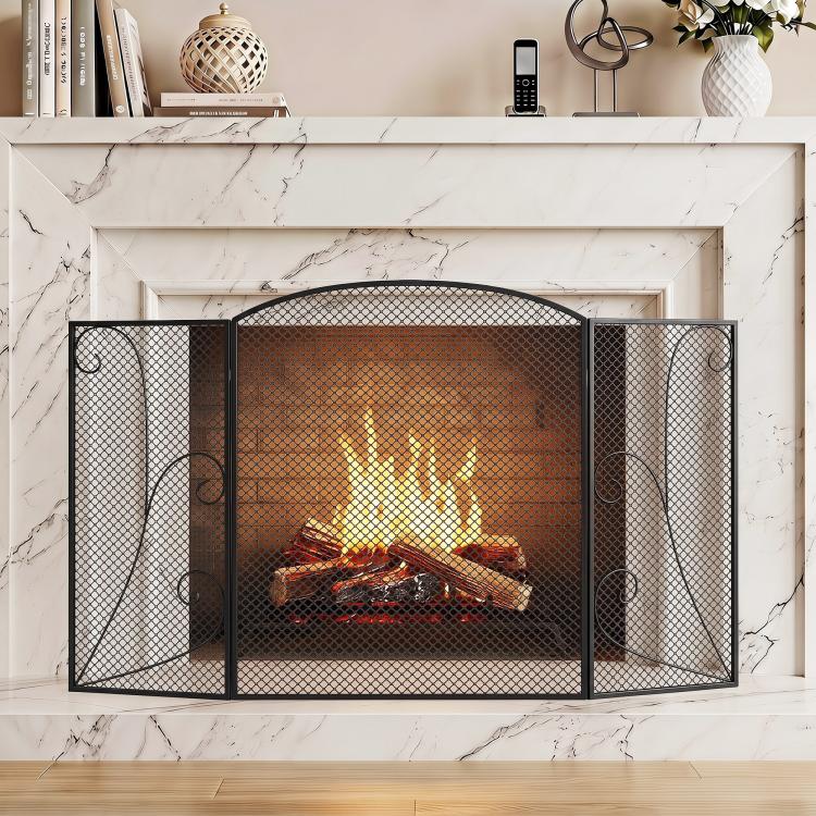 3-Panel Folding Fireplace Screen, 133x1x77 cm, Black