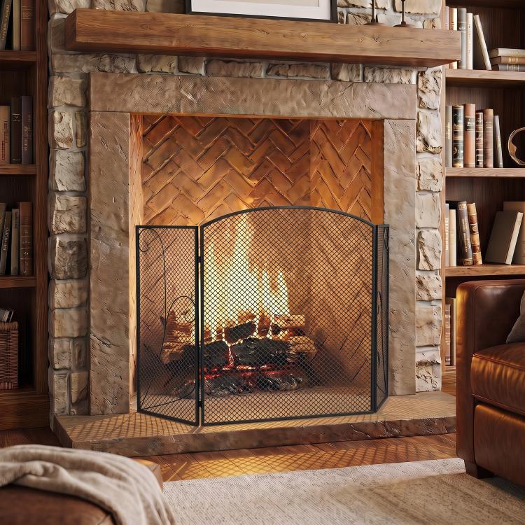 3-Panel Folding Fireplace Screen, 133x1x77 cm, Black