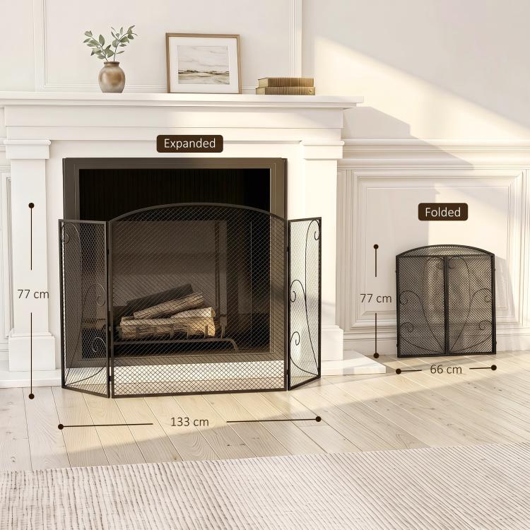 3-Panel Folding Fireplace Screen, 133x1x77 cm, Black