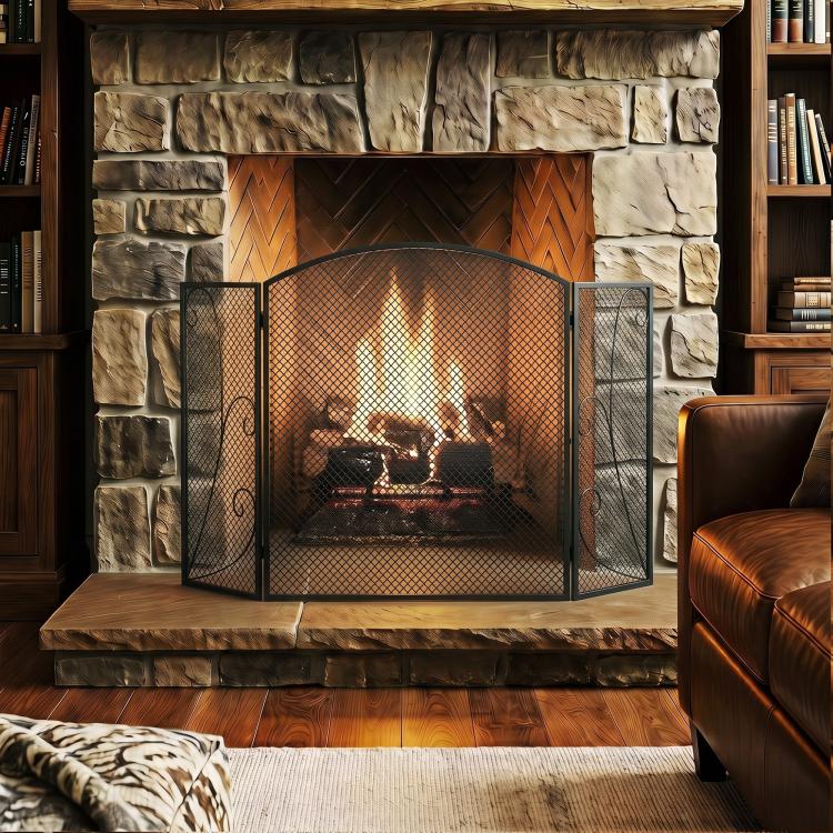 3-Panel Folding Fireplace Screen, 133x1x77 cm, Black