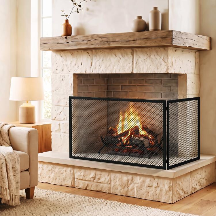 Fireplace safety screen, foldable metal spark guard, 141 x 50 cm