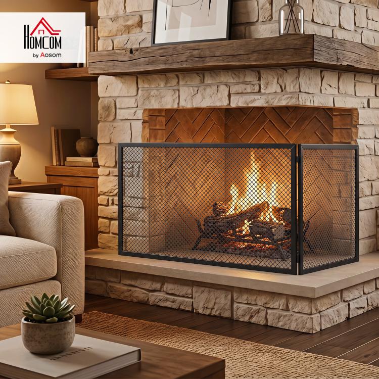 Fireplace safety screen, foldable metal spark guard, 141 x 50 cm