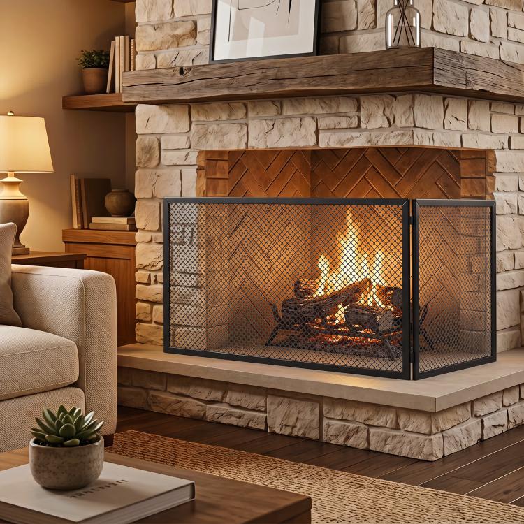 Fireplace safety screen, foldable metal spark guard, 141 x 50 cm