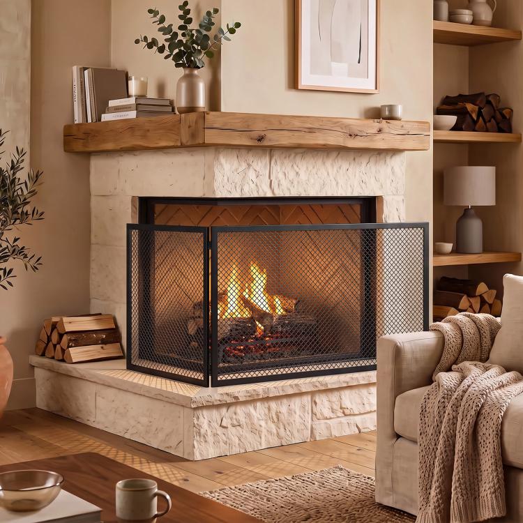Fireplace safety screen, foldable metal spark guard, 141 x 50 cm