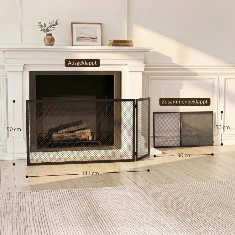 Fireplace safety screen, foldable metal spark guard, 141 x 50 cm