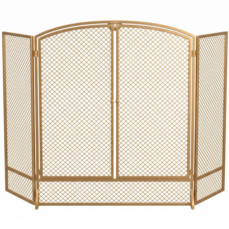 Fireplace safety screen, 3-panel spark guard with double doors, 122x75 cm
