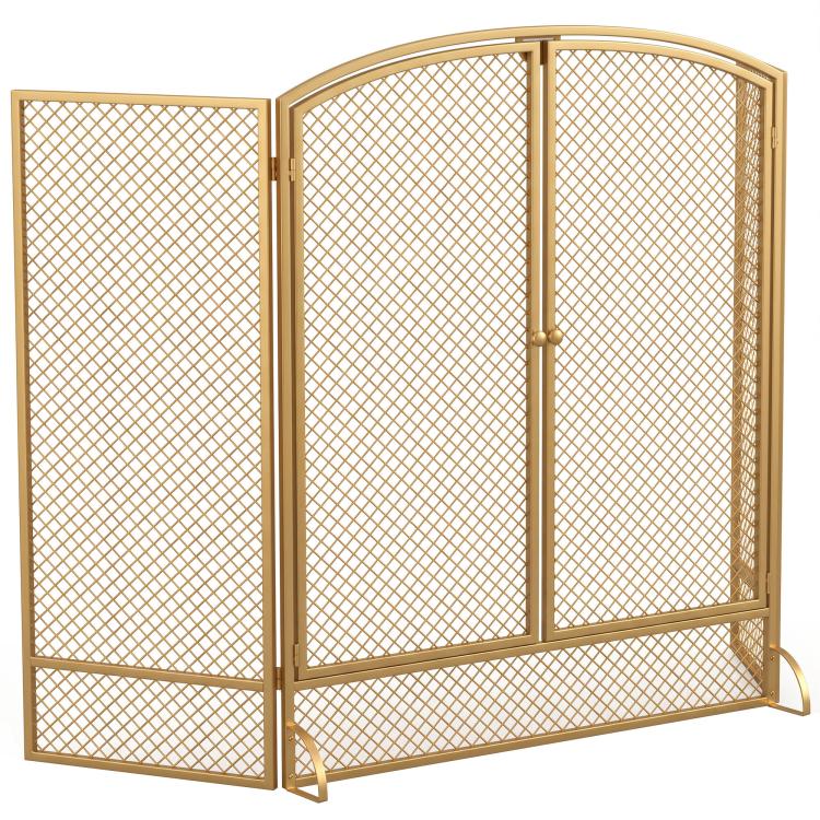 Fireplace safety screen, 3-panel spark guard with double doors, 122x75 cm