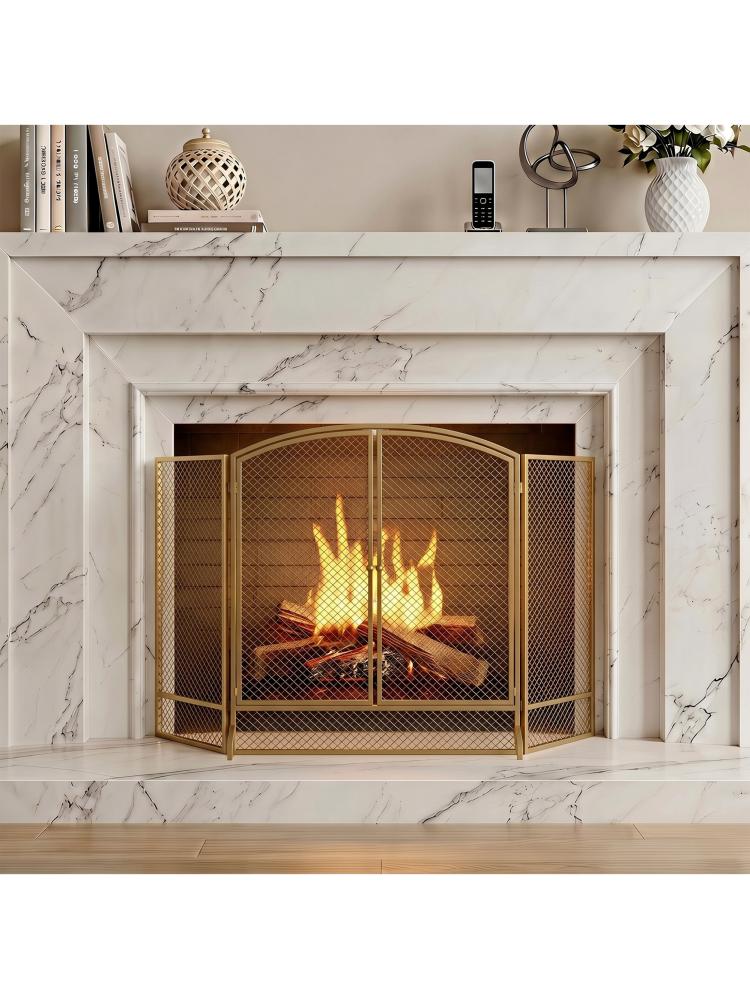 Fireplace safety screen, 3-panel spark guard with double doors, 122x75 cm