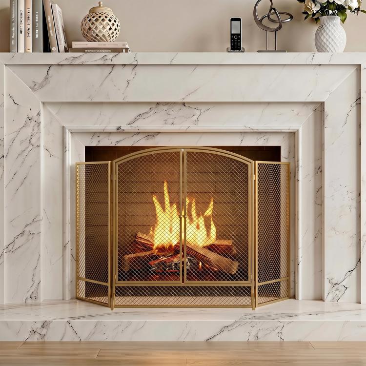 Fireplace safety screen, 3-panel spark guard with double doors, 122x75 cm