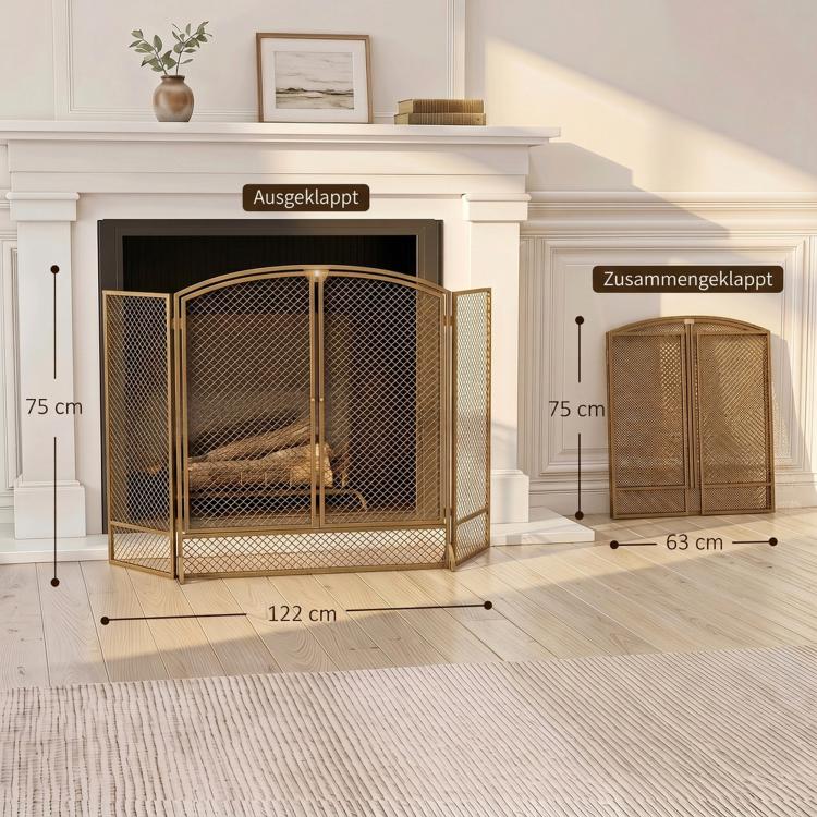 Fireplace safety screen, 3-panel spark guard with double doors, 122x75 cm