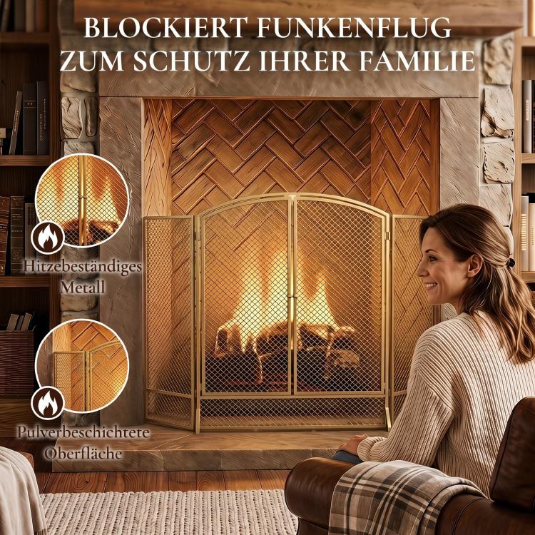 Fireplace safety screen, 3-panel spark guard with double doors, 122x75 cm