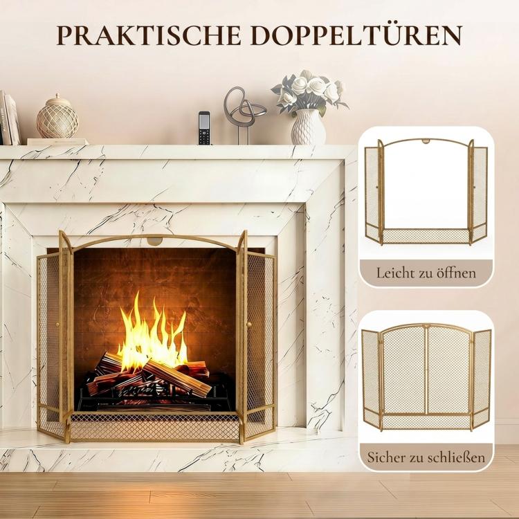 Fireplace safety screen, 3-panel spark guard with double doors, 122x75 cm