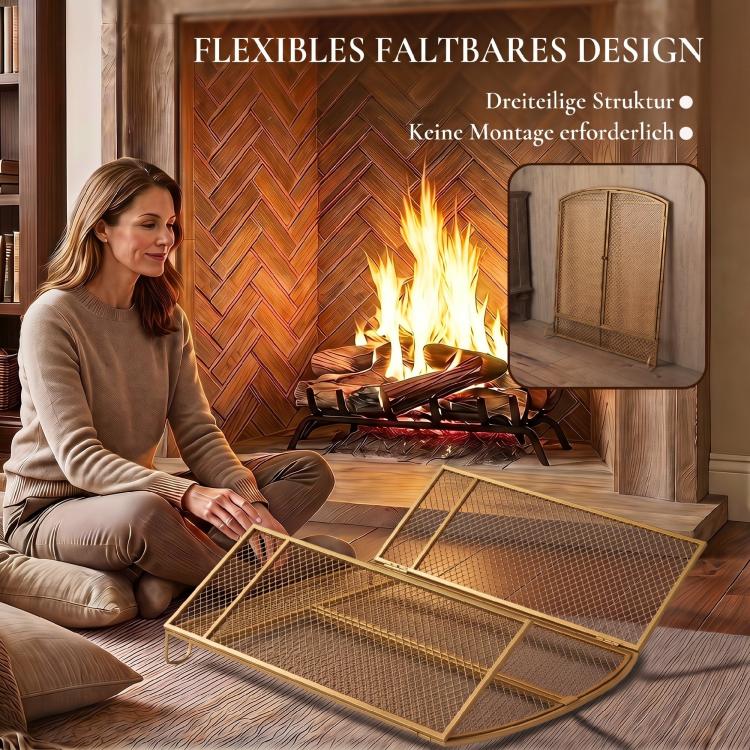 Fireplace safety screen, 3-panel spark guard with double doors, 122x75 cm