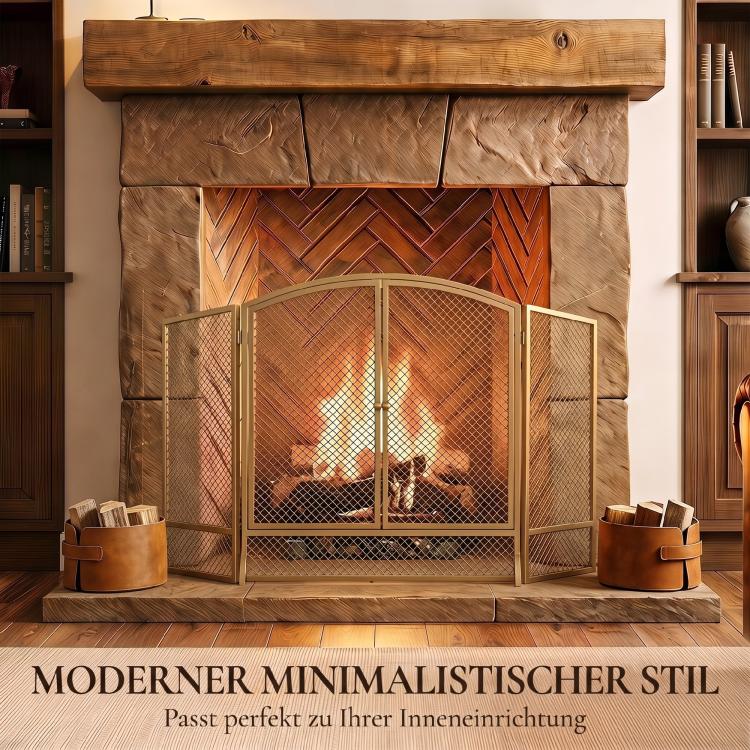 Fireplace safety screen, 3-panel spark guard with double doors, 122x75 cm