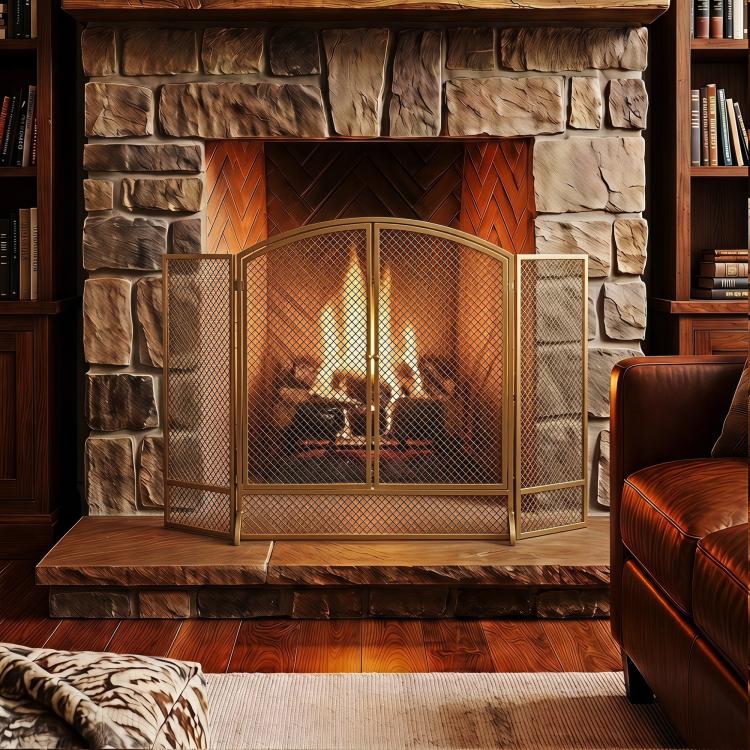 Fireplace safety screen, 3-panel spark guard with double doors, 122x75 cm