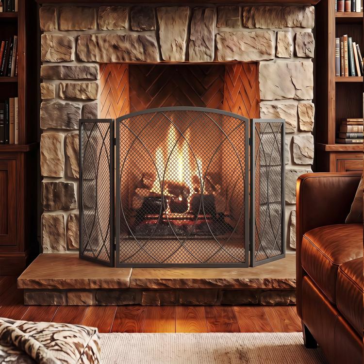 Fireplace Safety Screen, 3-Panel Foldable Spark Guard 122 x 75 cm