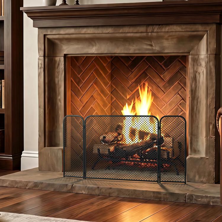3-Panel Foldable Fireplace Spark Guard 100x51cm