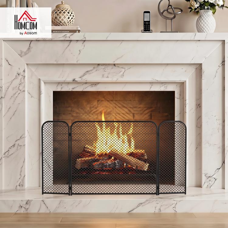 3-Panel Foldable Fireplace Spark Guard 100x51cm