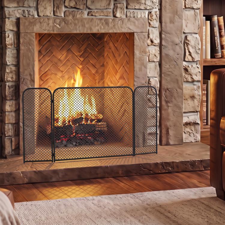 3-Panel Foldable Fireplace Spark Guard 100x51cm