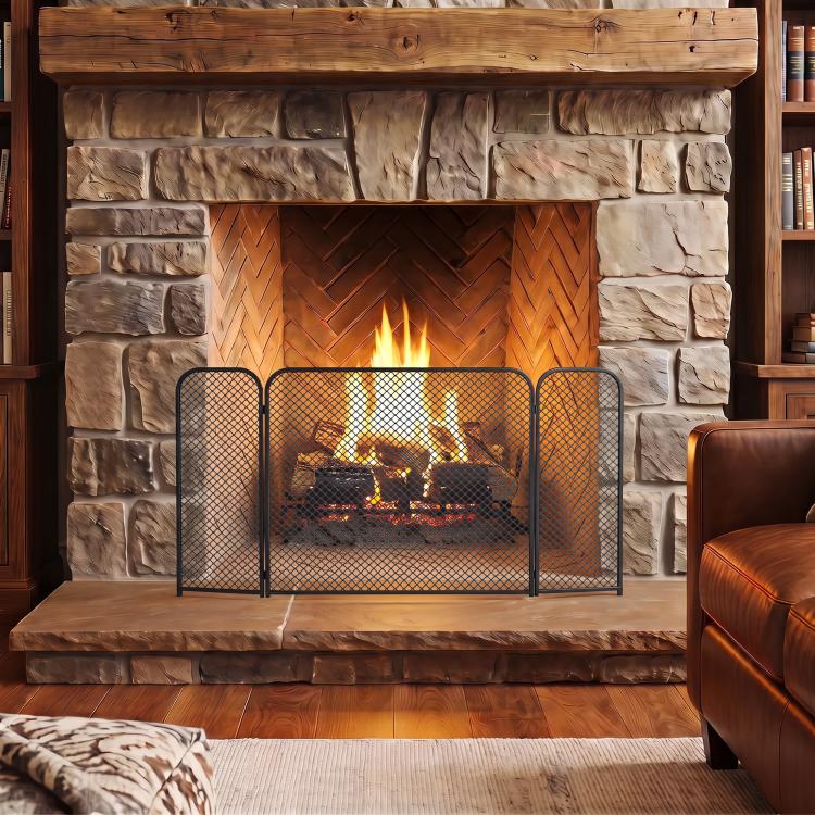 3-Panel Foldable Fireplace Spark Guard 100x51cm