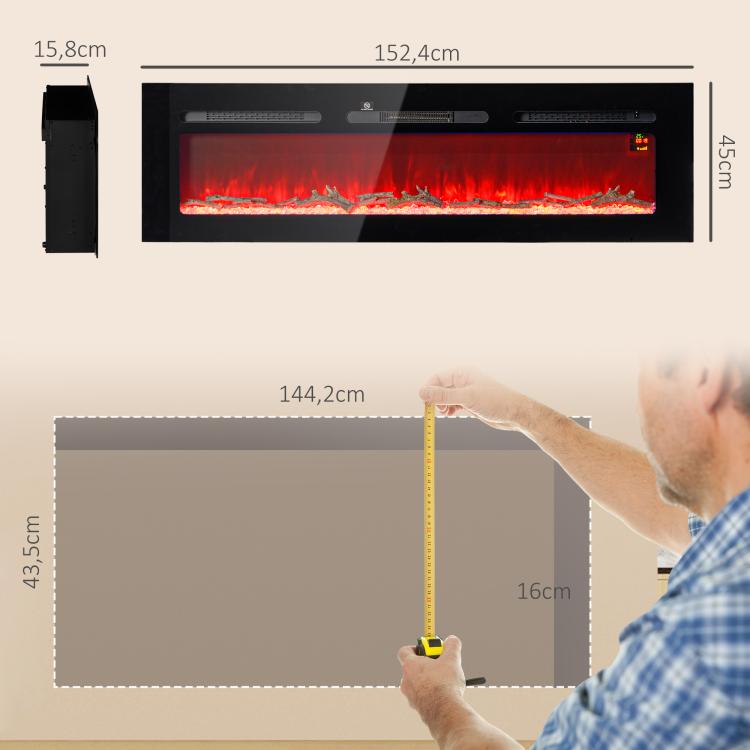 Caminetto elettrico con riscaldatore (1800 W), effetto fiamma 3D a LED, 152,4 cm, nero