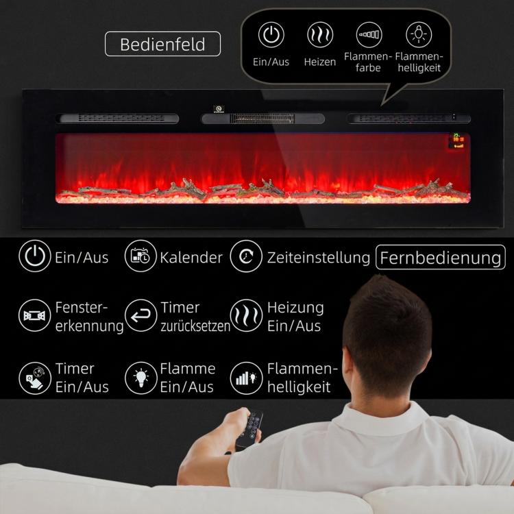 Caminetto elettrico con riscaldatore (1800 W), effetto fiamma 3D a LED, 152,4 cm, nero