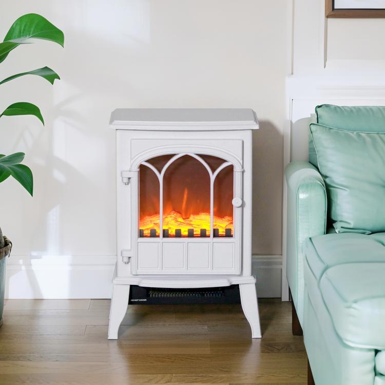 Electric fireplace with heater, LED flame effect, decorative fireplace, white