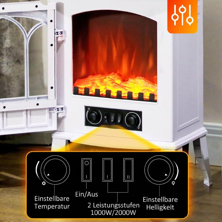 Electric fireplace with heater, LED flame effect, decorative fireplace, white
