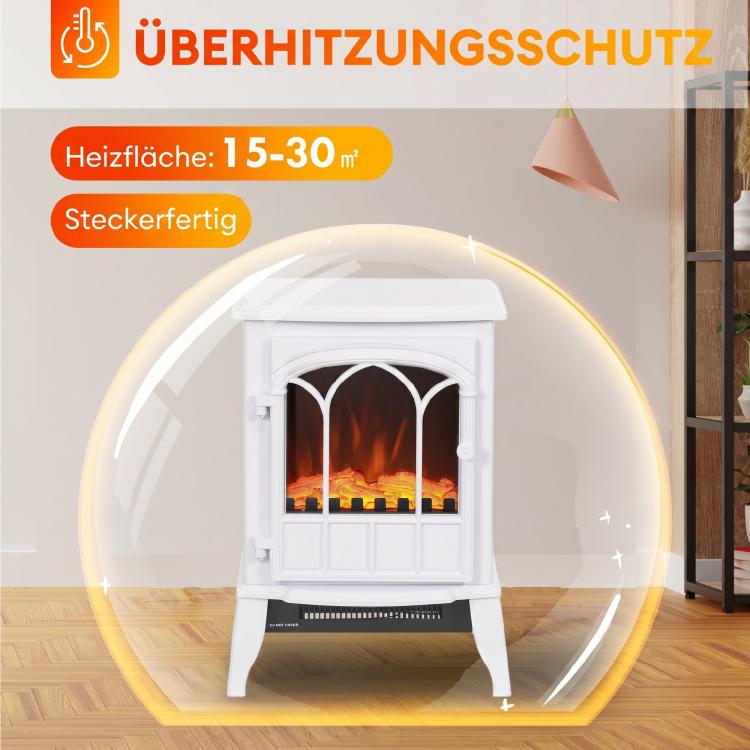 Electric fireplace with heater, LED flame effect, decorative fireplace, white