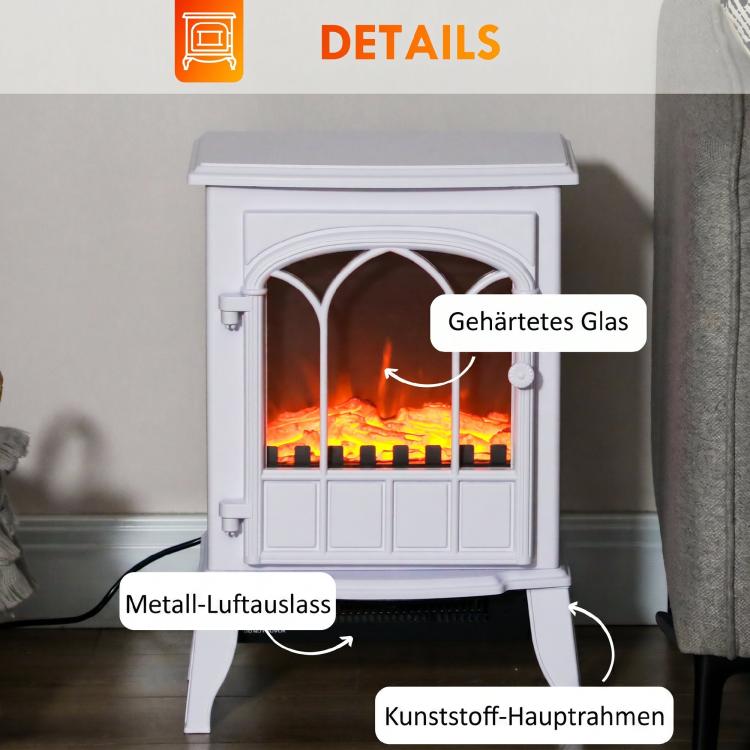 Electric fireplace with heater, LED flame effect, decorative fireplace, white