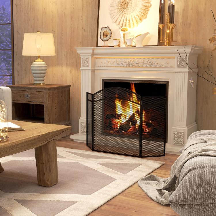 3-Panel Folding Metal Fireplace Screen with Classic Design, 96x60cm, Black