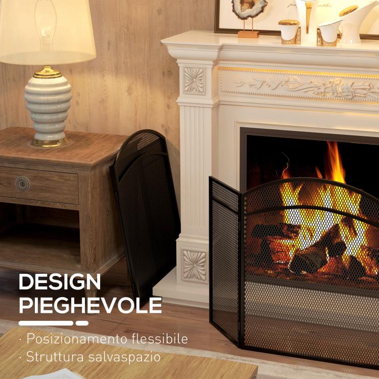 3-Panel Folding Metal Fireplace Screen with Classic Design, 96x60cm, Black
