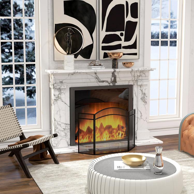 3-Panel Folding Metal Fireplace Screen with Classic Design, 96x60cm, Black