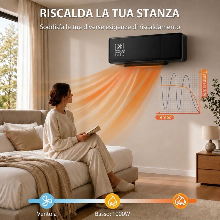 2000W Wall-Mounted Ceramic Heater with 3 Modes, Adjustable Temperature, Timer, Remote Control, and Child Lock – Black