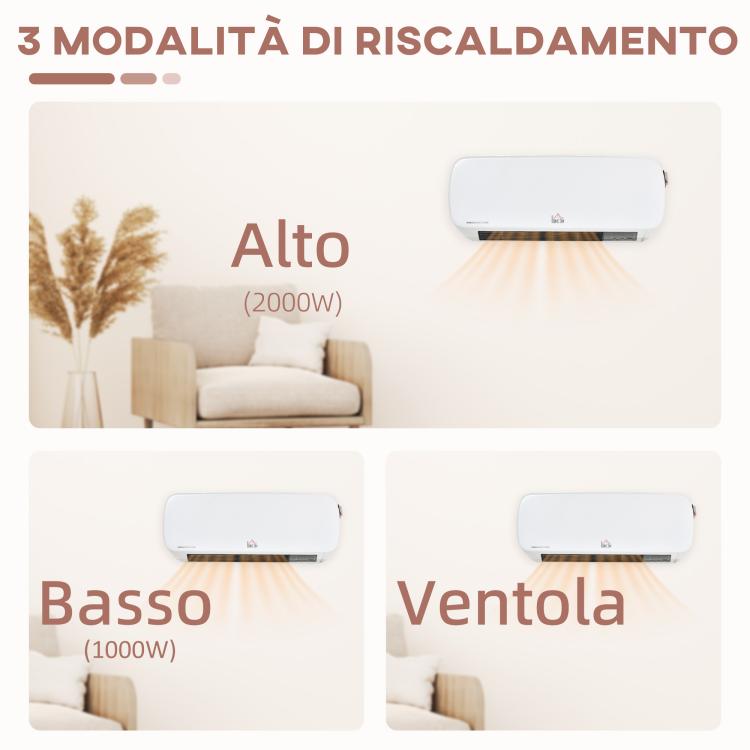 Wall-Mounted Electric Heater with Remote Control, Adjustable Temperature and 12-Hour Timer, 1000W/2000W Power, 45x18.6x11.5cm, White