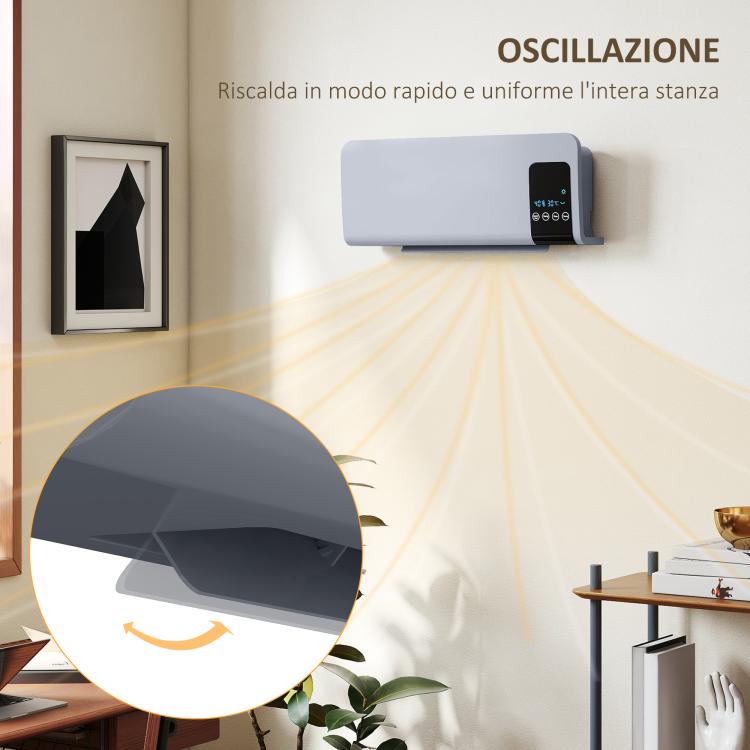 Oscillating Wall-Mounted Fan Heater with Remote Control, 12-Hour Timer, and 2 Modes, 54.5x12x21.5 cm, Grey