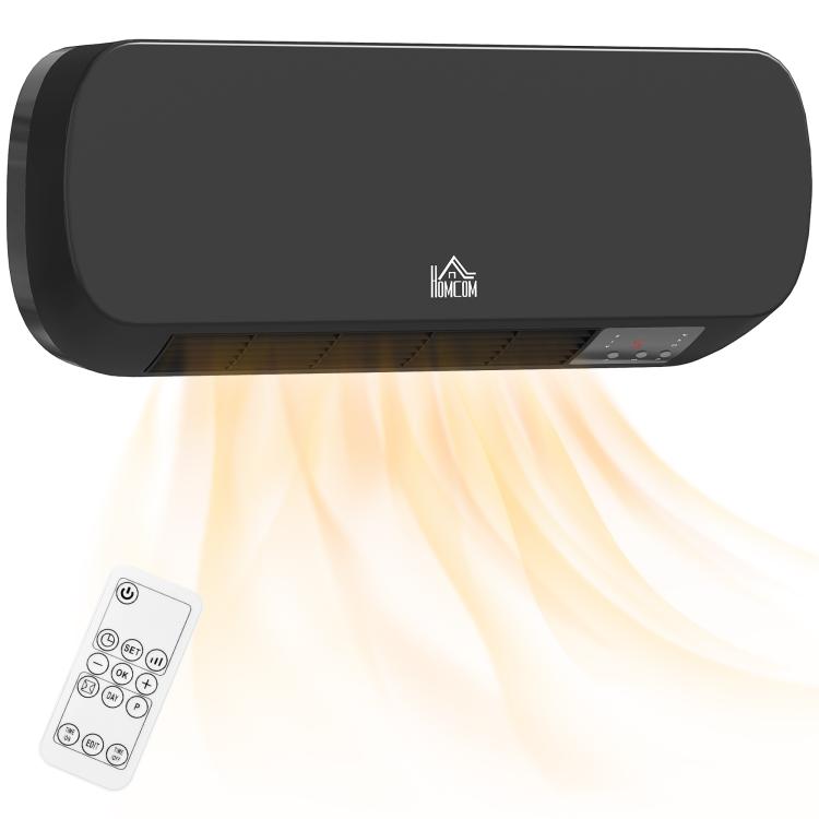 Wall-Mounted Low-Energy Electric Heater with Remote Control, Adjustable Temperature, and 12-Hour Timer, Black