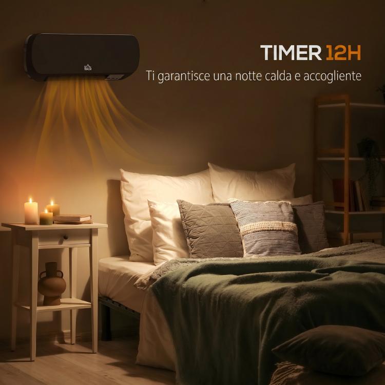 Wall-Mounted Low-Energy Electric Heater with Remote Control, Adjustable Temperature, and 12-Hour Timer, Black