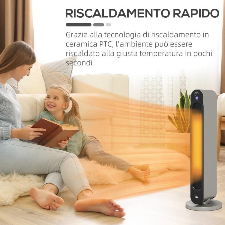 Oscillating Electric Heater with 3 Modes, Adjustable Temperature, and Remote Control, ?25x73.5 cm, Silver