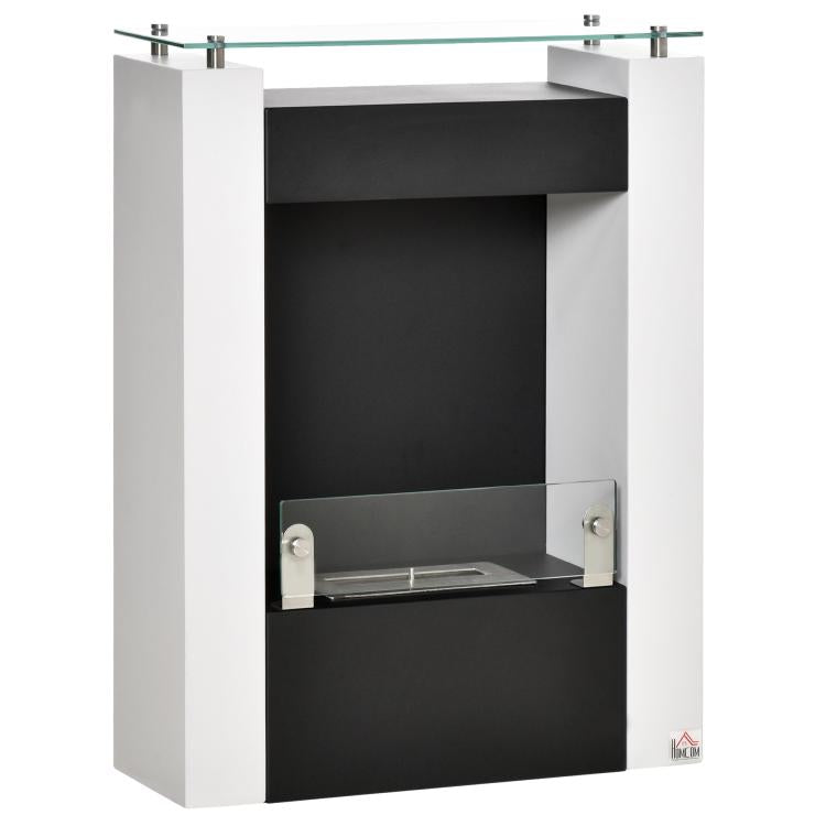 Bio-ethanol Fireplace with 1.5L Tank and 20 square meter Coverage, Steel and Glass Bio-fireplace, 60x20x79cm, Black and White