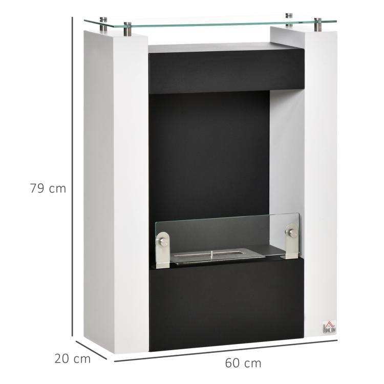 Bio-ethanol Fireplace with 1.5L Tank and 20 square meter Coverage, Steel and Glass Bio-fireplace, 60x20x79cm, Black and White