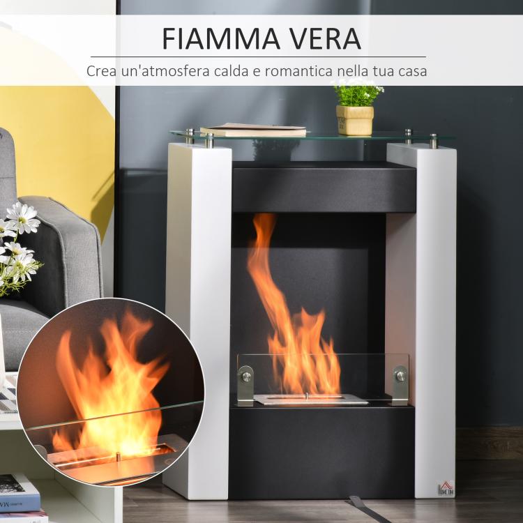 Bio-ethanol Fireplace with 1.5L Tank and 20 square meter Coverage, Steel and Glass Bio-fireplace, 60x20x79cm, Black and White