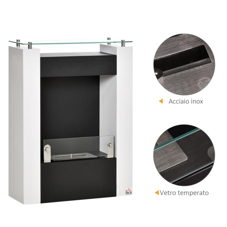 Bio-ethanol Fireplace with 1.5L Tank and 20 square meter Coverage, Steel and Glass Bio-fireplace, 60x20x79cm, Black and White