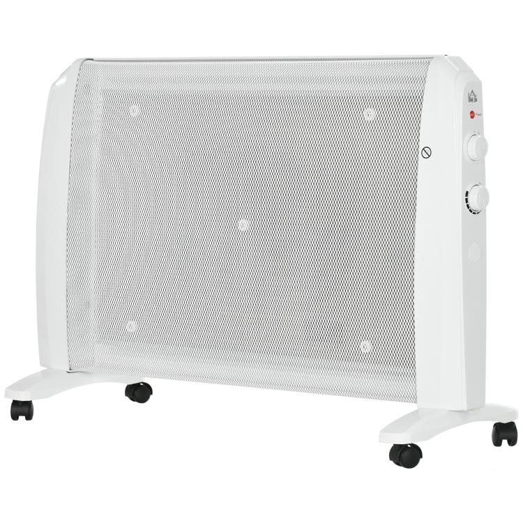 1000W/2000W Electric Mica Heater with Adjustable Thermostat, 4 Wheels, 15–20 square meter, White